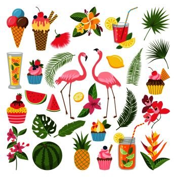Summer time labels set for tropical party. Different icons in flat style. Drinks, watermelon, lemonade and flamingo. Summer holiday and tropical object food and beverage. Vector illustration. Summer time labels set for tropical party. Different icons in flat style. Drinks, watermelon, lemonade and flamingo