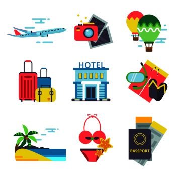 Travel time icon set in flat style. Vector signs of summer holidays. Sea, waves and other symbols of traveling. Travel holiday summer badge illustration. Travel time icon set in flat style. Vector signs of summer holidays. Sea, waves and other symbols of traveling