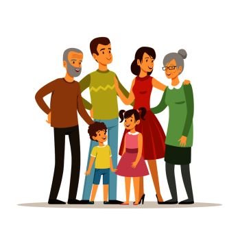 Vector illustration of big family with mother, father, grandmother and grandfather. Smiling peoples standing at action poses. Mother and grandfather grandmother, father and childern. Vector illustration of big family with mother, father, grandmother and grandfather. Smiling peoples standing at action poses