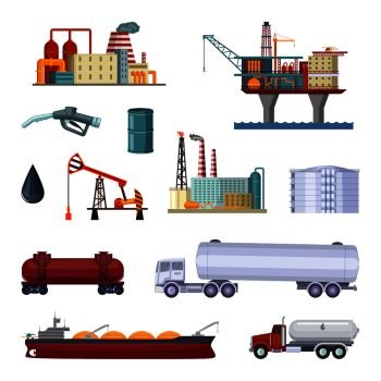 Oil exploration. Petroleum factory with platforms and terminal. Manufacturing terminal gasoline and petroleum. Vector illustration. Oil exploration. Petroleum factory with platforms and terminal. Manufacturing pictures isolate on white