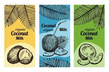 Labels for package design with hand drawn illustrations of coconut. Vector template with place for your text. Natural coconut drink on banner and poster. Labels for package design with hand drawn illustrations of coconut. Vector template with place for your text