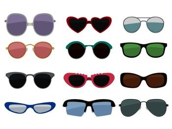 Vector isolated set of colored sunglasses. Fashion lens sunglasses, illustration of summer accessory. Vector isolated set of colored sunglasses