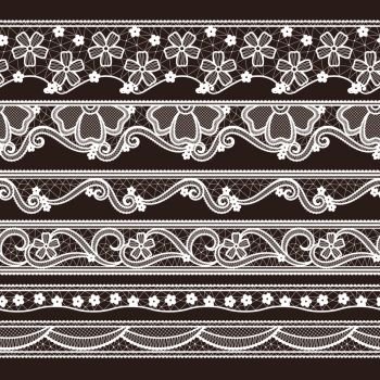 Set of six lace ribbons horizontal seamless patterns. Vector needlework illustrations. Lace pattern decoration textile. Set of six lace ribbons horizontal seamless patterns. Vector needlework illustrations