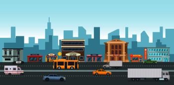 Urban landscape with modern buildings and market places. Different cars on the street. Vector illustrations in cartoon style. Street urban city with road and exterior bank and pizza. Urban landscape with modern buildings and market places. Different cars on the street. Vector illustrations in cartoon style