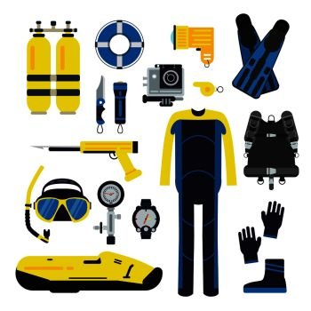 Diver and set elements for underwater sport. Illustrations of diving in flat style. Underwater equipment scuba and mask, snorkeling and tube. Diver and set elements for underwater sport. Illustrations of diving in flat style