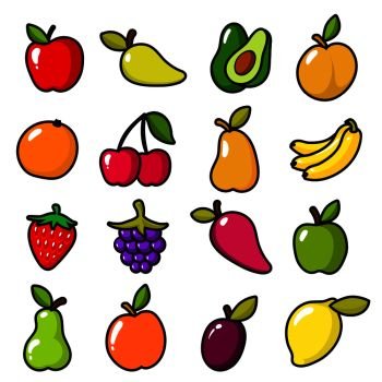 Collection of fruits in cartoon style. Fruit food cartoon, apple and lemon, banana and sweet pear. Vector illustration. Collection of fruits in cartoon style