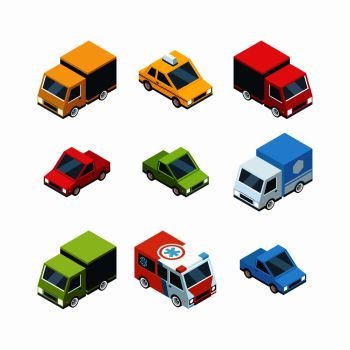 Set of isometric cartoon-style city cars. Transport car 3d isometric, vector vehicle ambulance and cargo truck van illustration. Set of isometric cartoon-style city cars