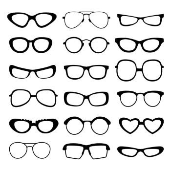 Sunglasses silhouette of different types and sizes . Vector pictures isolated. Illustration of sunglasses accessory collection. Sunglasses silhouette of different types and sizes . Vector pictures isolated