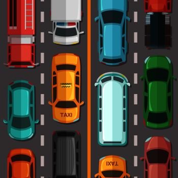 Vector highway road with cars and vehicles top view illustration. Highway traffic on road street. Vector highway road with cars and vehicles top view illustration