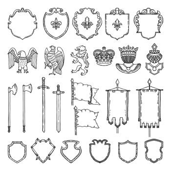 Medieval heraldic symbols isolate on white. Vector hand drawn illustrations. Medieval emblem royal crown and ancient sword. Medieval heraldic symbols isolate on white. Vector hand drawn illustrations