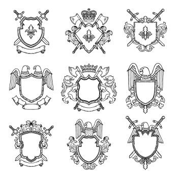 Template of heraldic emblems for different design project. Emblem vintage heraldic with wing and sword. Vector illustration. Template of heraldic emblems for different design project