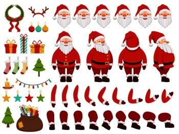 Mascot creation kit of christmas character. Santa in different keyframes. Santa claus with beard in xmas costume. Vector illustration. Mascot creation kit of christmas character. Santa in different keyframes