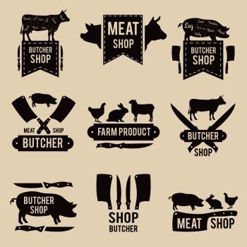 Design of monochrome labels set for butcher shop with illustrations of domestic animals and kitchen tools. Animal farm shop butcher, label vintage market. Design of monochrome labels set for butcher shop with illustrations of domestic animals and kitchen tools