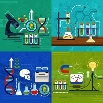 Conceptual illustrations of science with different chemist symbols. Vector banners in cartoon style. Science chemical laboratory for test. Conceptual illustrations of science with different chemist symbols. Vector banners in cartoon style