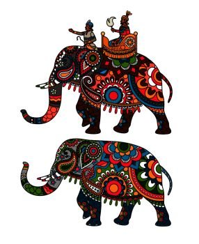 Indian decorated elephant with rider Maharaja. Vector illustration. Indian elephant
