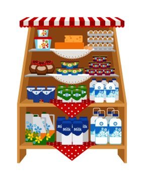 Dairy products on store shelves. Milk and yogurt, cheese and cream. Dairy products on store shelves
