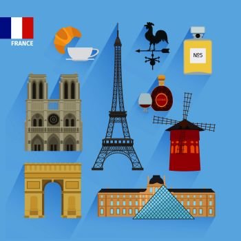 Vector France flag and Paris landmarks flat icons. France flag and Paris landmarks