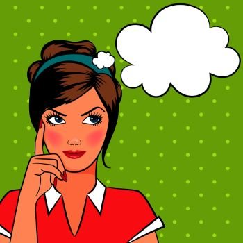 Thinking woman in pop art comic style with speech bubble for your text. Thinking pop art woman