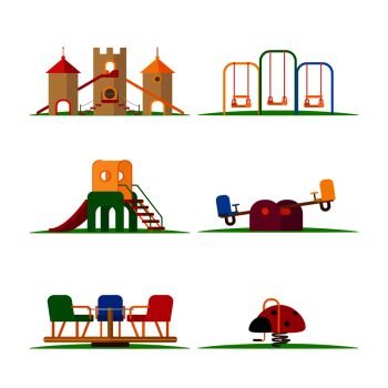 Kids playground elements vector. Carousel and children slide, swing and castle. Kids playground elements