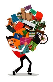 Man moving illustration. Happy man walking with all he has in hands. Vector illustration.. Man moving illustration