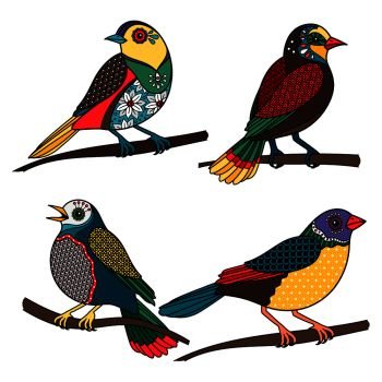Hand drawn birds. Colored birds with floral patterns on white background. Vector illustration. Hand drawn ornamental birds