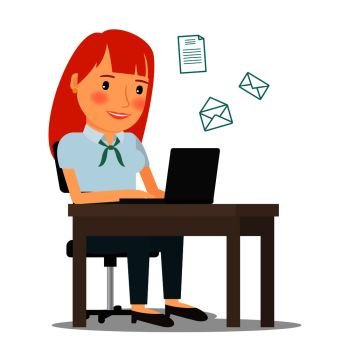 Woman with laptop computer sending email or working online. Vector illustration.. Woman with laptop computer sending email