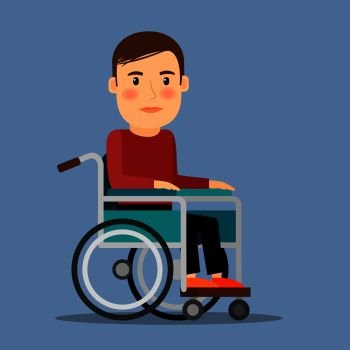 Disabled man sitting in wheel chair. Recovery period. Vector illustration. . Disabled man in wheel chair