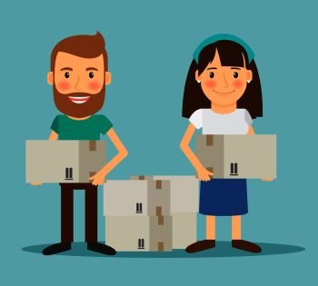 Young couple moving. Man and woman with boxes in their hands. Vector illustration.. Young couple moving. 
