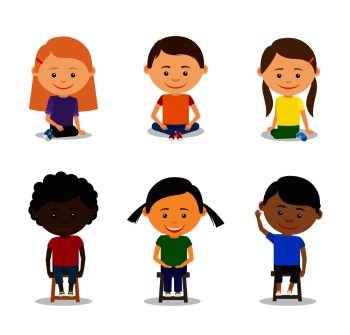 Little kids sitting on the ground and kids sitting on chairs. Vector illustration. Little kids sitting