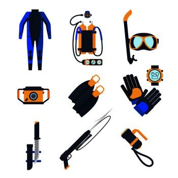 Diving equipment icons in flat style. Diving mask and diving suit, snorkel and flippers. Vector illustration.. Diving equipment icons in flat style. 
