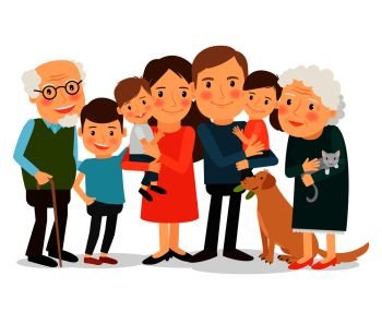 Happy family portrait. Father and mother, son and daughter, grandparents in one picture together. Vector illustration.. Happy big family portrait
