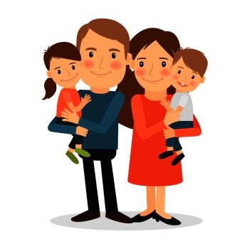 Couple with children. Mother and father stanging together holding kids. Vector illustration. Couple with children