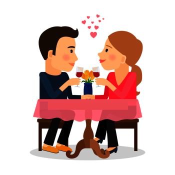 Man and woman in love. Romantic couple sitting in restaurant with wine. Vector illustration. Couple in love dating