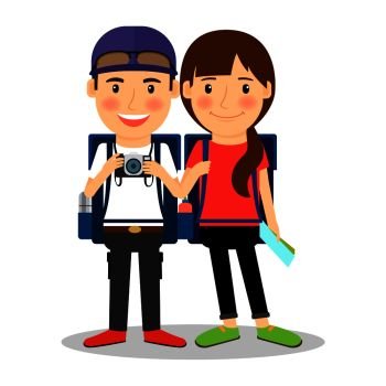 Backpackers couple. Smiling young couple of tourists with camera and tourist map. Vector illustration. Backpackers young tourist couple