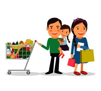 Family shopping concept. Happy family with shopping bags and shopping cart colorful icon on white background. Vector illustration. Happy family shopping 
