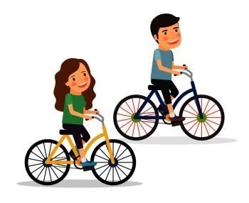 Couple riding bicycles. Young woman on bicycle and young man on bicycle vector illustration. Couple riding bicycles