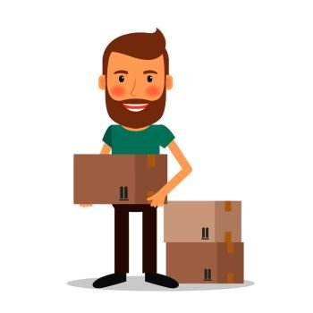 Moving house. Man lifting cardboard boxes vector illustration.. Moving house. Man lifting cardboard boxes