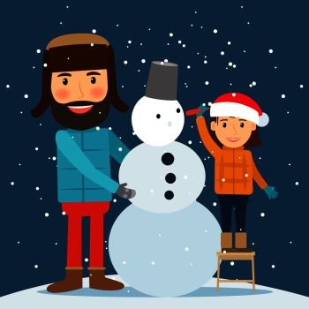 Happy winter time. Snowman, dad and daughter vector illustration.. Happy winter time. Snowman, dad and daughter