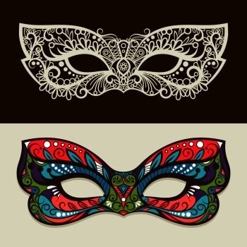 Festive masks. Vector mask silhouette and colored mask in butterfly colors. Festive silhouette and colored masks
