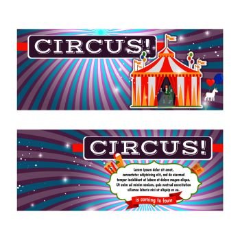 Vintage circus banner template with red and white stripped tent. vector illustration. Vintage circus banner template