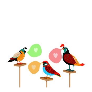 Song birds with speech bubbles and hearts. Vector illustration. Song birds with speech bubbles