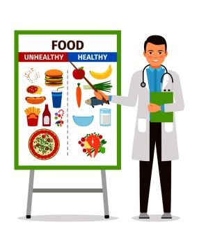 Nutritionist vector illustration. Doctor shows poster about dietetic healthy and unhealthy food. Nutritionist showing poster about food