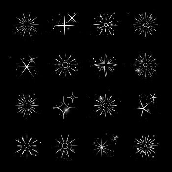 Sparkles white line collection on black background. Vector illustration. Sparkles white line collection