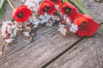 A bouquet of red tulips and branches of white flowers on old wooden boards. Place for text. The concept of spring has come. View from above. Banner March 8, Easter. A bouquet of red tulips and branches of white flowers on old wooden boards. Place for text. The concept of spring has come.