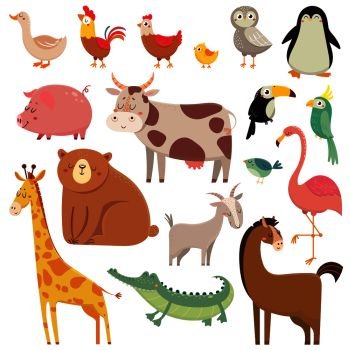Baby cartoons wild bear, giraffe, crocodile, bird and domestic animals. Cute cartoon animal kids vector illustration set. Baby cartoons wild bear, giraffe, crocodile, bird and domestic a