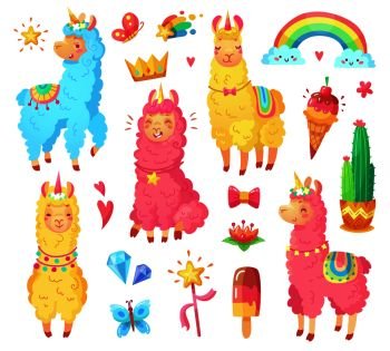 Funny fairytale cute mexican smiling colorful yellow, pink, blue alpaca with fluffy wool and cute rainbow llama unicorn. Magic rainbow wildlife character pets cartoon illustration set. Funny mexican smiling alpaca with fluffy wool and cute rainbow llama unicorn. Magic pets cartoon illustration set