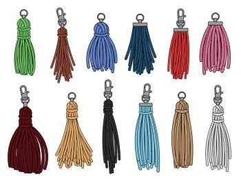 Tassels accessories. Leather fringe tassel trinket, handbag embelishments and fashion key chain. Leather tessels, textile zippers. Isolated vector illustration symbols set. Tassels accessories. Leather fringe tassel trinket, handbag embelishments and fashion key chain isolated vector illustration