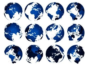 Blue earth globe. Globes sphere silhouette, europe asia and america maps. Earth map globe, world continents or geography atlas isolated 3D vector symbols set. Blue earth globe. Globes sphere silhouette, europe asia and america maps. Earth map isolated 3D vector set