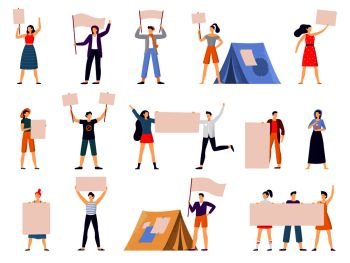 Protesters people. Peaceful protest march, activist holding banner or placard and protesting activists. Political activists manifestation. Flat vector isolated icons illustration set. Protesters people. Peaceful protest march, activist holding banner or placard and protesting activists flat vector illustration