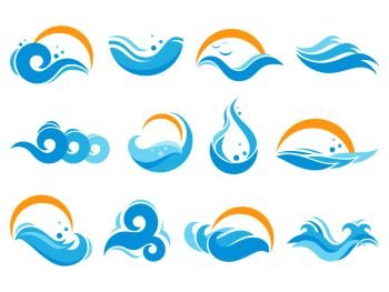 Sea water icons. Ocean waves, agua splash and blue river wave. Lake waters, flowing surface. Gale foam, stormy sea tide or surfing swirls logo. Isolated vector icon illustration set. Sea water icons. Ocean waves, agua splash and blue river wave. Lake waters, flowing surface isolated vector icon illustration set